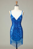 Robe de cocktail courte moulante à paillettes bleues et bretelles spaghetti scintillantes avec pompon