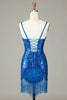Charger l&#39;image dans la galerie, Fourreau spaghetti bretelles paon bleu paillettes robe des années 20 avec pompon