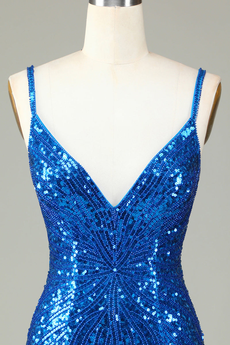 Zapaka femmes bleu paillettes des années 20 robe scintillante moulante  bretelles spaghetti robe de Cocktail avec pompon – ZAPAKA FR