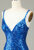Charger l&#39;image dans la galerie, Fourreau spaghetti bretelles paon bleu paillettes robe des années 20 avec pompon