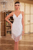 Charger l&#39;image dans la galerie, Moulante bretelles spaghetti paillettes blanches robe de soirée des années 20 avec pompon