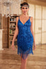 Charger l&#39;image dans la galerie, Moulante bretelles spaghetti bleu paillettes robe des années 20 avec pompon