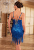 Charger l&#39;image dans la galerie, Moulante bretelles spaghetti bleu paillettes robe des années 20 avec pompon