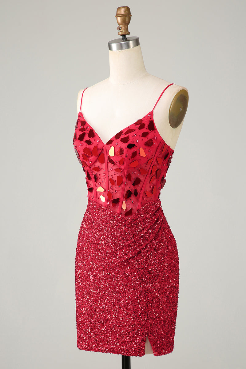 Charger l&#39;image dans la galerie, Sparkly Red Corset Sequin Mirror Robe de cocktail moulante