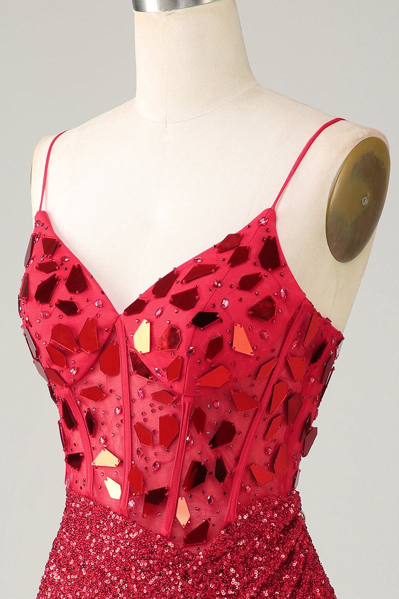 Charger l&#39;image dans la galerie, Sparkly Red Corset Sequin Mirror Robe de cocktail moulante