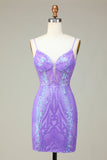 Bodycon Spaghetti Bretelles Élégantes Lilas Paillettes Robe de Cocktail Corset avec Criss Cross Back