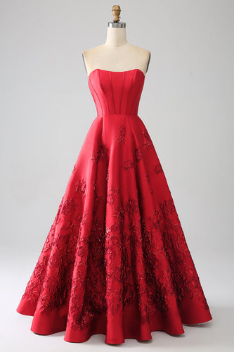Robe de Soirée longue rouge foncé sans bretelles princesse élégante avec fleurs 3D
