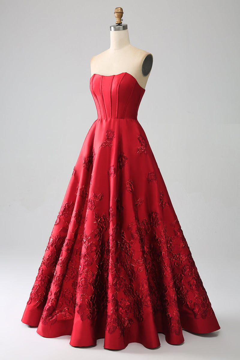 Charger l&#39;image dans la galerie, Robe de Soirée longue rouge foncé sans bretelles princesse élégante avec fleurs 3D