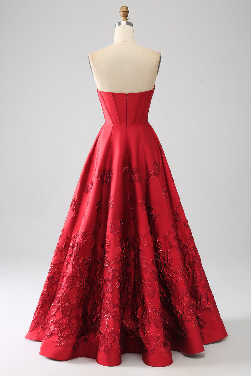 Charger l&#39;image dans la galerie, Robe de Soirée longue rouge foncé sans bretelles princesse élégante avec fleurs 3D