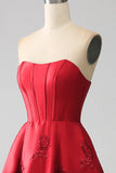 Robe de Soirée longue rouge foncé sans bretelles princesse élégante avec fleurs 3D