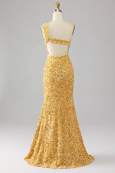 Sirène paillettes une épaule robe de soirée dorée avec fente