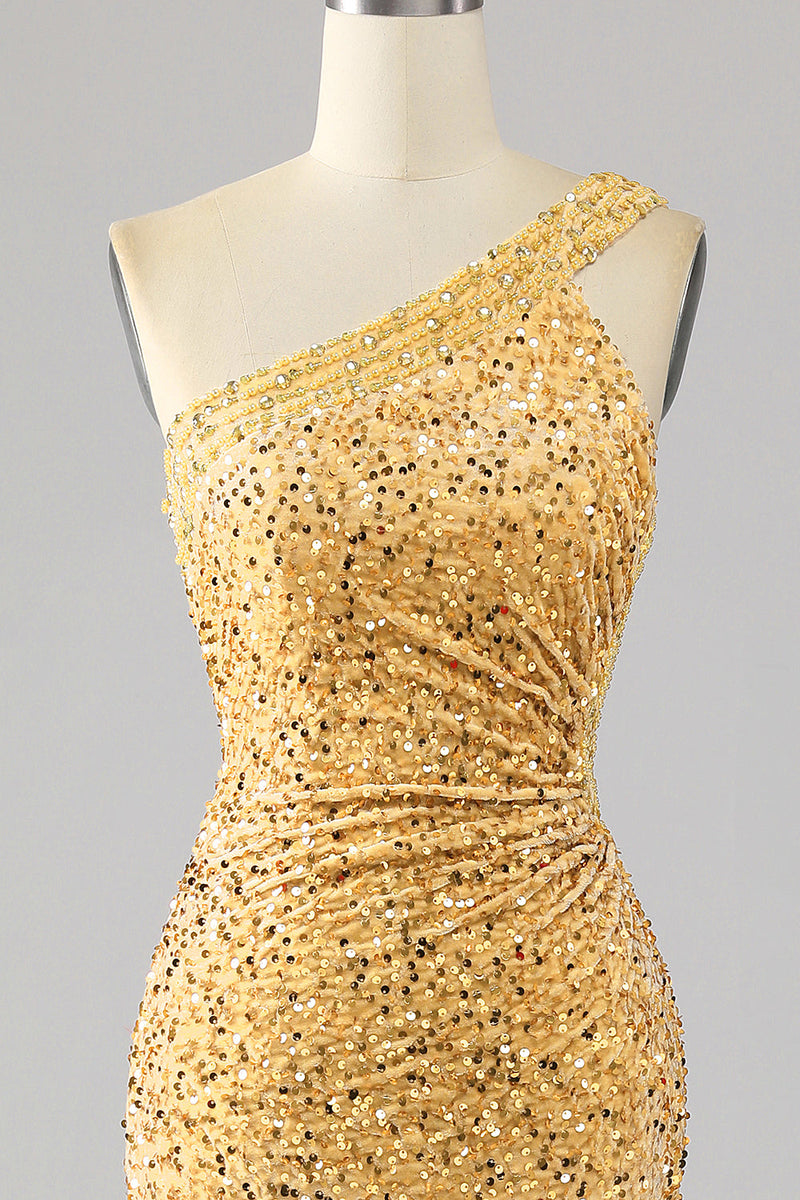 Charger l&#39;image dans la galerie, Sirène paillettes une épaule robe de soirée dorée avec fente