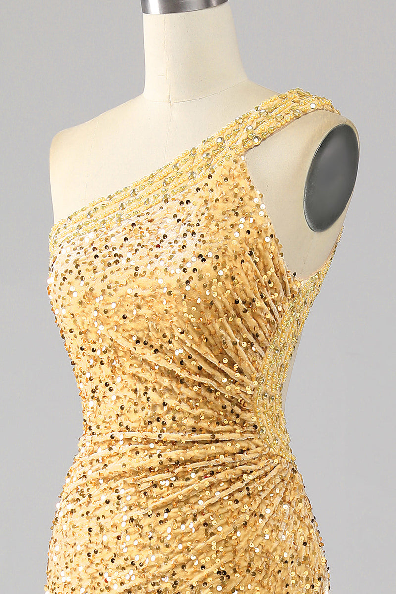 Charger l&#39;image dans la galerie, Sirène paillettes une épaule robe de soirée dorée avec fente