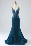 Robe de soirée sirène bleu foncé paillettes avec perles