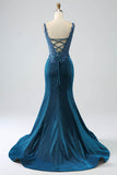 Robe de soirée sirène bleu foncé paillettes avec perles