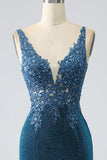 Robe de soirée sirène bleu foncé paillettes avec perles