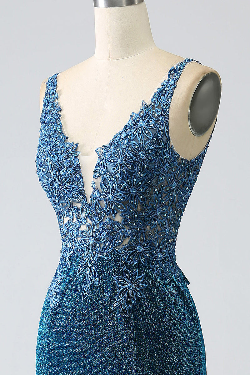 Charger l&#39;image dans la galerie, Robe de soirée sirène bleu foncé paillettes avec perles