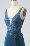Robe de soirée sirène bleu foncé paillettes avec perles
