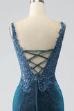 Robe de soirée sirène bleu foncé paillettes avec perles