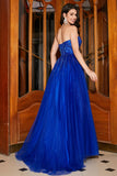 Robe de bal longue perlée en perles bleu royal A-Line Sweetheart avec accessoire