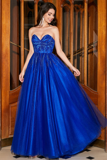 A-ligne chérie robe de soirée bleu royal avec perles