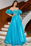 Robe de bal perlée Corset à épaules dénudées bleu A-ligne avec accessoire