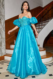 Robe de soirée Corset bleu A-ligne avec perles