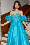 Robe de soirée Corset bleu A-ligne avec perles