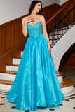 Robe de soirée Corset bleu A-ligne avec perles