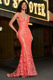 Superbe sirène col V corail paillettes longue robe de bal avec broderie