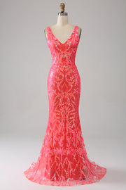 Robe de Soirée orange charmante sirène à col en V profond et paillettes scintillantes