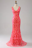 Robe de Soirée orange charmante sirène à col en V profond et paillettes scintillantes