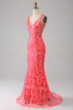 Robe de Soirée orange charmante sirène à col en V profond et paillettes scintillantes