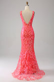 Robe de Soirée orange charmante sirène à col en V profond et paillettes scintillantes
