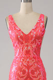 Robe de Soirée orange charmante sirène à col en V profond et paillettes scintillantes