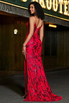 Élégante sirène bretelles spaghetti corset rouge foncé robe de soirée avec fente devant