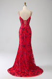 Sirène robe de soirée à paillettes rouge foncé avec fente