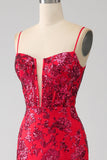 Sirène robe de soirée à paillettes rouge foncé avec fente