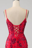 Sirène robe de soirée à paillettes rouge foncé avec fente