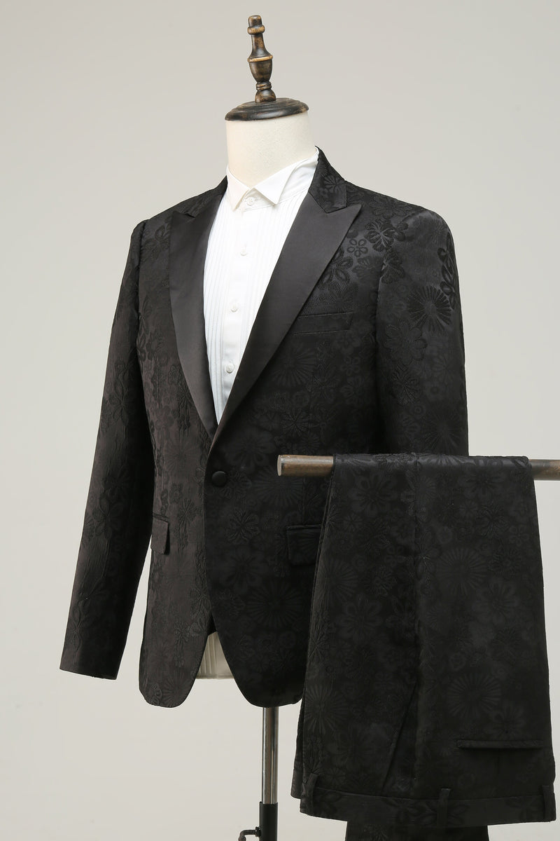 Charger l&#39;image dans la galerie, Peak Lapel Black Jacquard Costumes de bal pour hommes