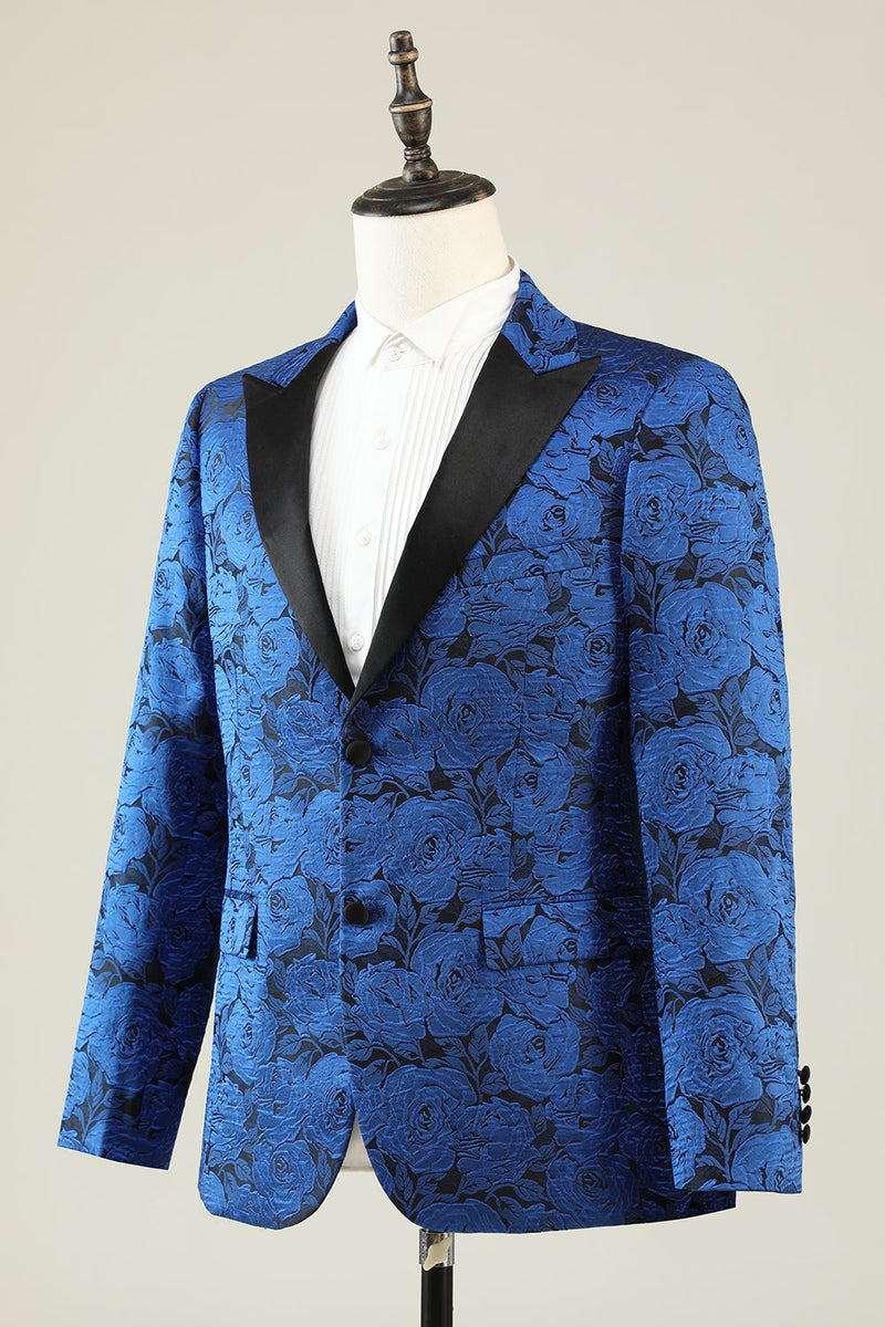 Charger l&#39;image dans la galerie, Peak Lapel Jacquard Royal Blue Blazer de soirée des finissants pour hommes