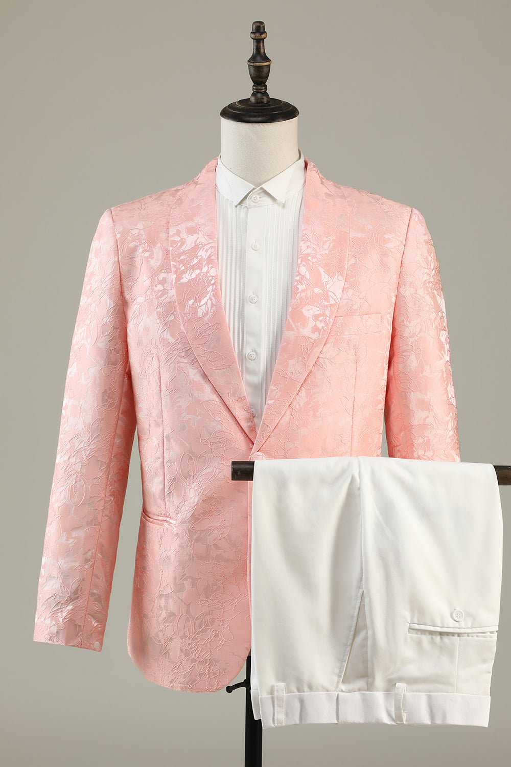 Rose clair Jacquard 2 pièces Châle Revers Un bouton Costumes de soirée