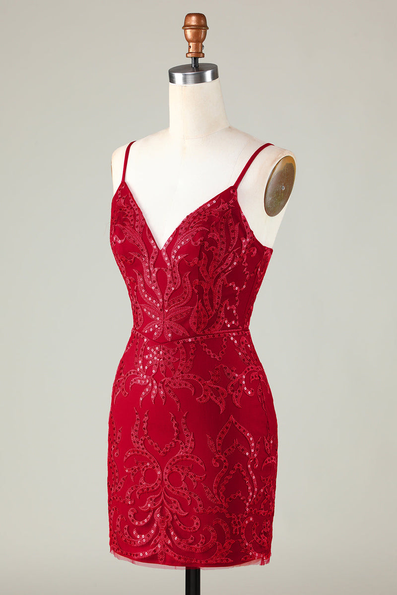 Charger l&#39;image dans la galerie, Paillettes rouge foncé étincelantes Robe de cocktail courte moulante à bretelles spaghetti
