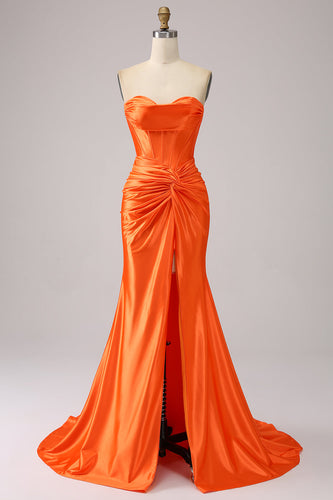 Sirène orange chérie Corset longue robe de bal scintillante avec fente