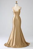 Sirène d’or Spaghetti Bretelles Satin Longue Robe de soirée avec lacets