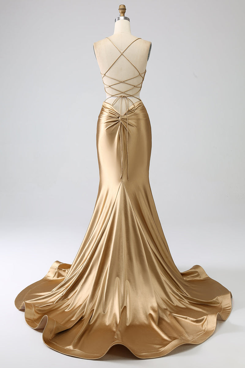 Charger l&#39;image dans la galerie, Sirène d’or Spaghetti Bretelles Satin Longue Robe de soirée avec lacets