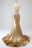 Sirène d’or Spaghetti Bretelles Satin Longue Robe de soirée avec lacets