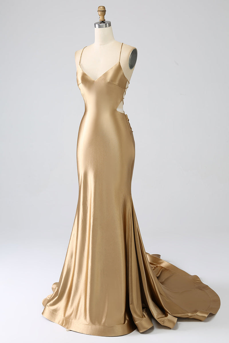 Charger l&#39;image dans la galerie, Sirène d’or Spaghetti Bretelles Satin Longue Robe de soirée avec lacets