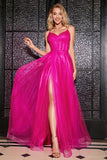 Hot Pink A-ligne Spaghetti Bretelles Long Corset Corset Robe de soirée avec fente