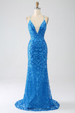 Robe de Soirée longue sirène bleue à bretelles spaghetti et paillettes